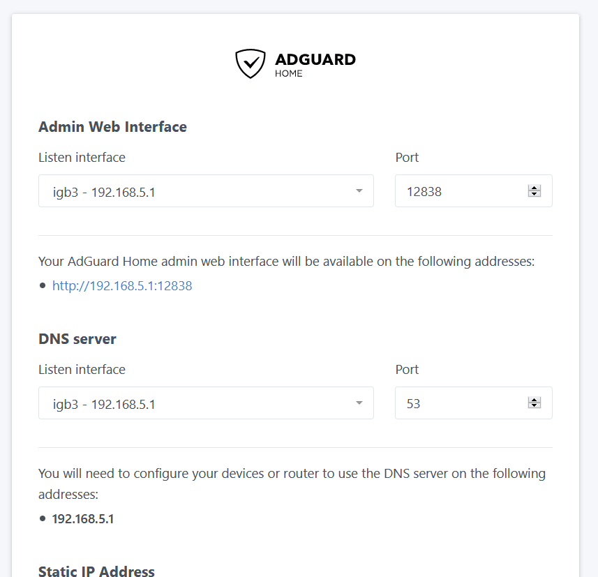 Thiết lập Admin Interface và DNS Server interfaces