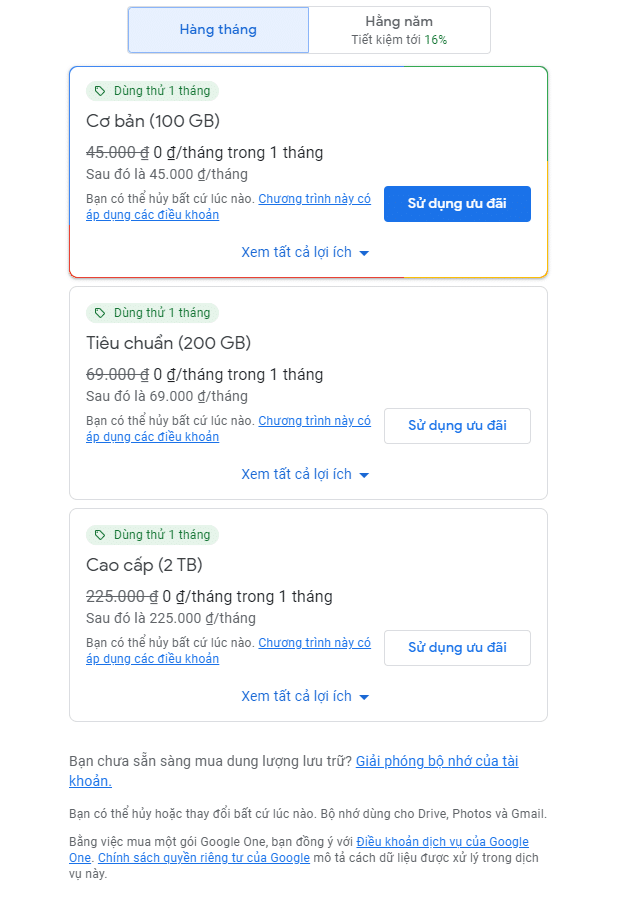 Nâng cấp Google One 100GB miễn phí 8 GG one 2TB
