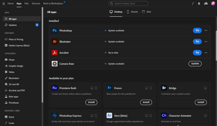 cai dat photoshop, illustrator, acrobat bang Adobe Creative Cloud