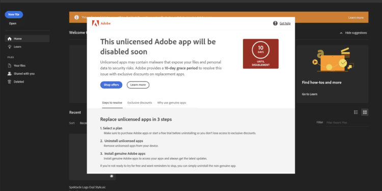 This unlicensed adobe app will be disabled soon